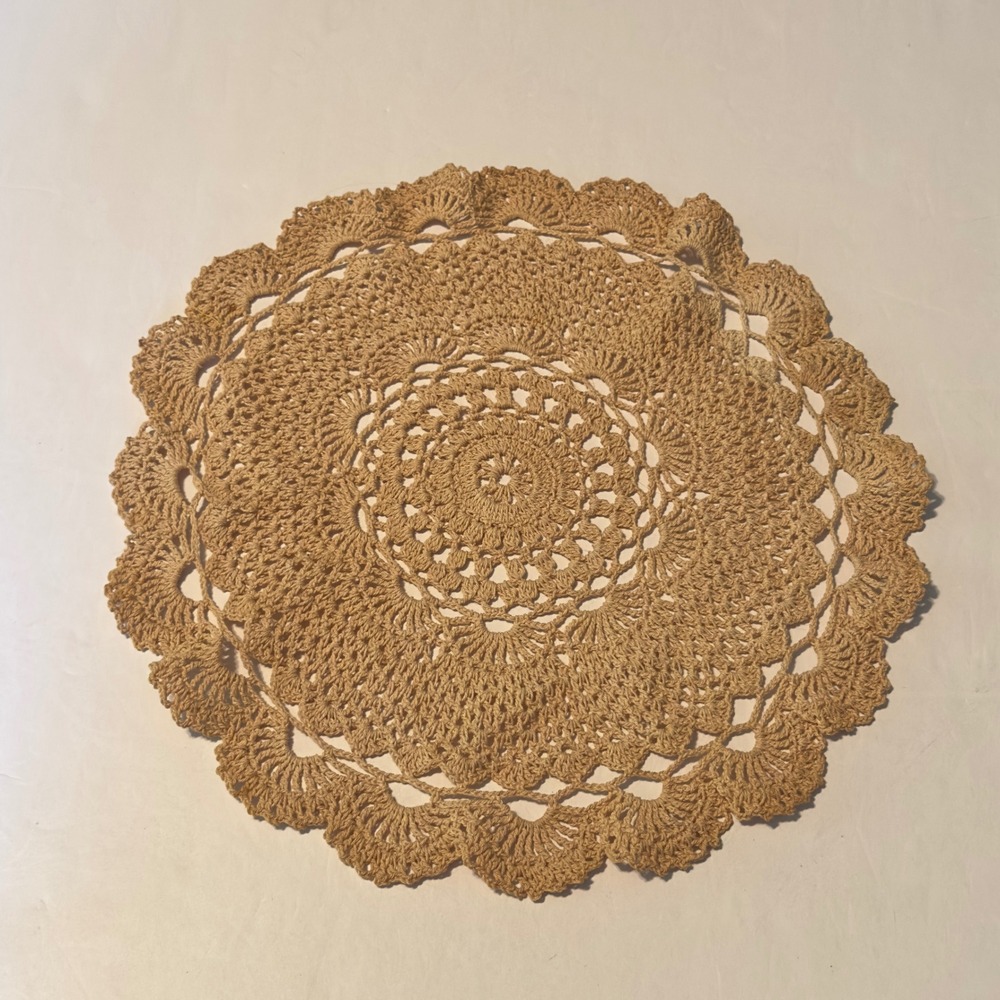 Vintage Handmade Crochet Round Doily Tan Scalloped Mandala Lace Table Decor 12"
